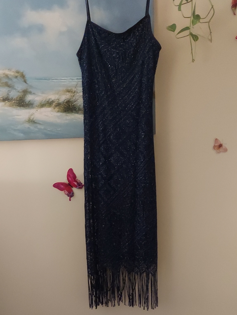 RARE FIND Navy And Silver Fringe Maxi Slip Dress
